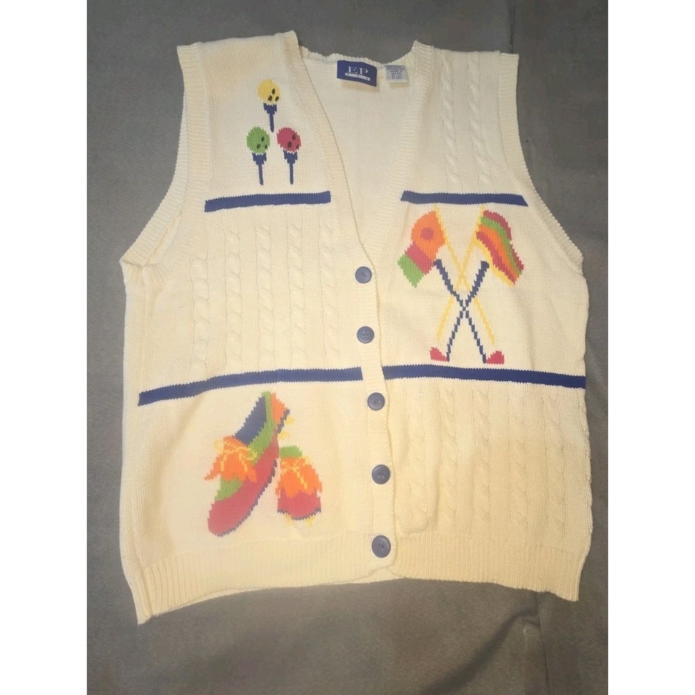 Vintage EP Pro Golf Sweater Vest Womens Large L White Knit Sleeveless‎ Pullover